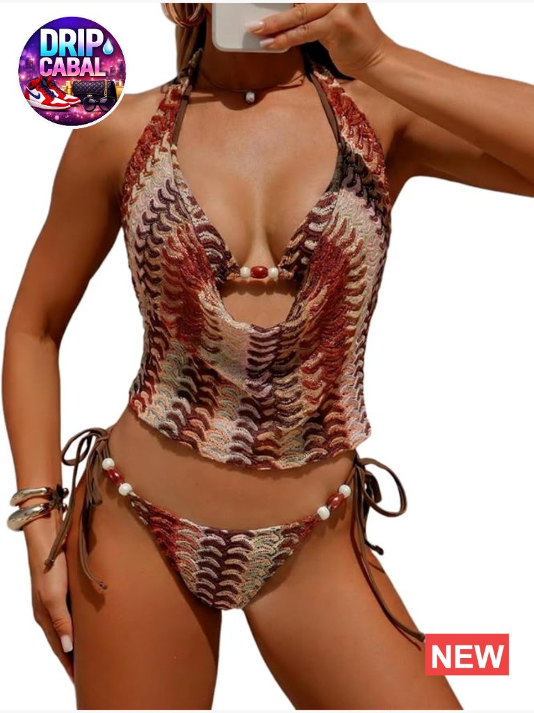 3 Piece Boho Cowl Neck Halter Bikini Set With Cover Up